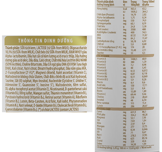 Thành phần dinh dưỡng sữa bột Nestlé S-26 Ultima số 3 750g (2 - 6 tuổi)