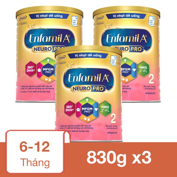 Combo 3 Hộp Sữa Bột Enfamil A+ Neuropro Số 2 830G (6 - 12 Tháng)