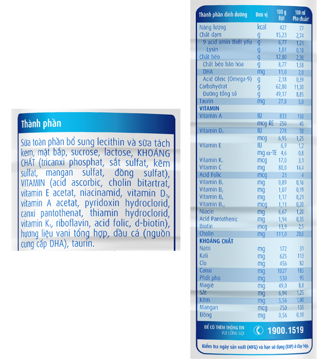 Thành phần dinh dưỡng sữa bột Abbott Grow 2+ hương vani 850g (từ 2 tuổi)