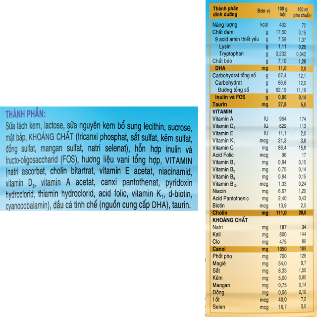 Thành phần dinh dưỡng của sữa bột Abbott Grow Gold 3+ hương vani 850g (3 - 6 tuổi)