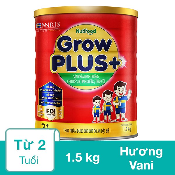 Sữa Bột Nutifood Growplus+ Đỏ 2+ Hương Vani 1.5 Kg (Từ 2 Tuổi) Cho Trẻ Suy Dinh Dưỡng, Thấp Còi