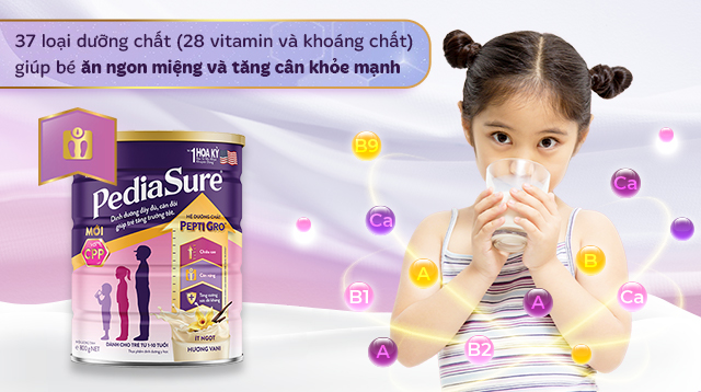 37 dưỡng chất (28 vitamin và khoáng chất) đầy đủ và cân đối hỗ trợ bé tăng cân, ăn ngon miệng hơn