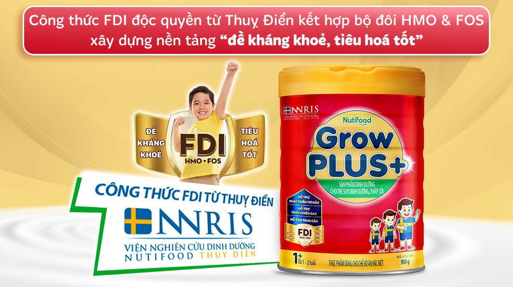 Sữa bột Nutifood GrowPLUS+ đỏ 1+ hương vani 900g (1 - 2 tuổi) cho trẻ suy dinh dưỡng, thấp còi