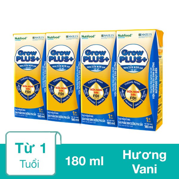 Lốc 4 hộp sữa non pha sẵn Nutifood GrowPLUS+ vàng hương vani 180 ml (từ 1 tuổi)