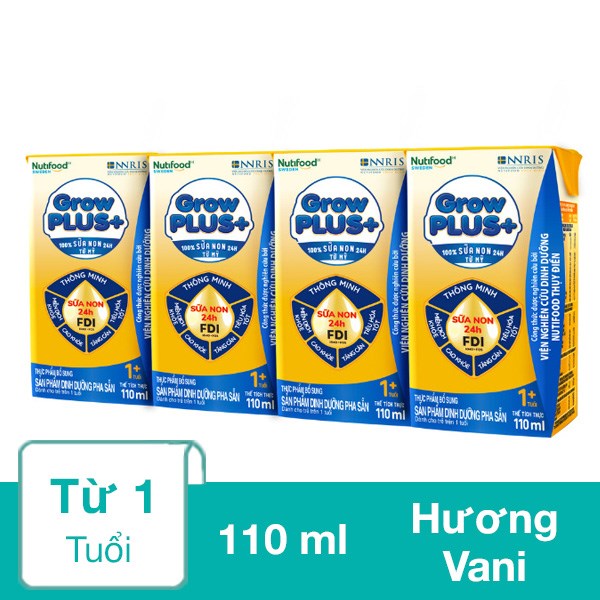 Lốc 4 hộp sữa non pha sẵn NutiFood GrowPLUS+ vàng hương vani 110 ml (từ 1 tuổi)