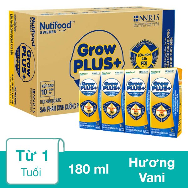 Thùng 48 hộp sữa non pha sẵn Nutifood GrowPLUS+ vàng hương vani 180 ml (từ 1 tuổi)