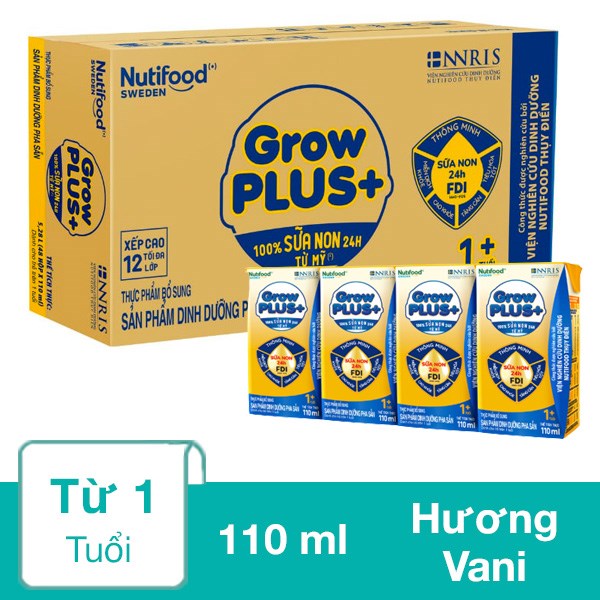 Thùng 48 hộp sữa non pha sẵn Nutifood GrowPLUS+ vàng hương vani 110 ml (từ 1 tuổi)