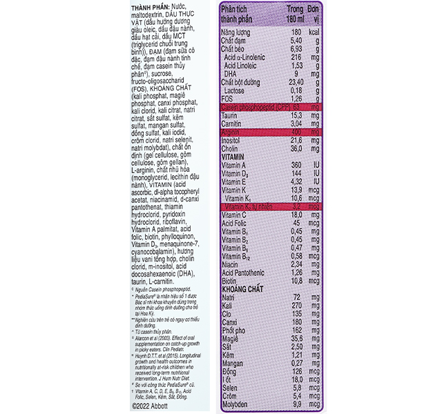 Thành phần - Thùng 48 hộp sữa pha sẵn Abbott PediaSure hương vani 180 ml (1 - 10 tuổi)