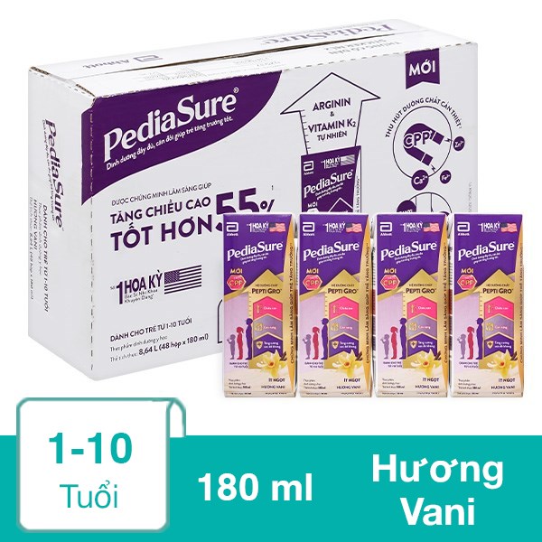 Thùng 48 hộp sữa pha sẵn Abbott PediaSure hương vani 180 ml (1 – 10 tuổi)