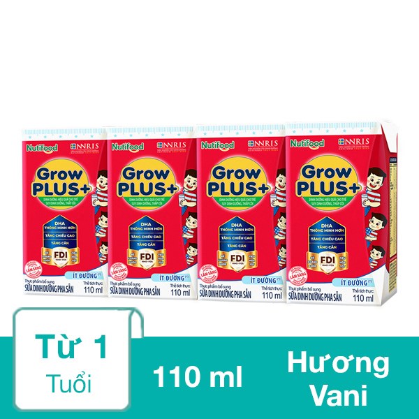 Lốc 4 hộp sữa pha sẵn Nutifood GrowPLUS+ đỏ ít đường hương vani 110 ml cho trẻ suy dinh dưỡng, thấp còi (từ 1 tuổi)