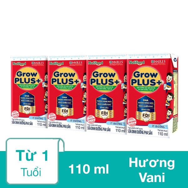 Lốc 4 Hộp Sữa Pha Sẵn Nutifood Growplus+ Đỏ Ít Đường Hương Vani 110 Ml Cho Trẻ Suy Dinh Dưỡng, Thấp Còi (Từ 1 Tuổi)