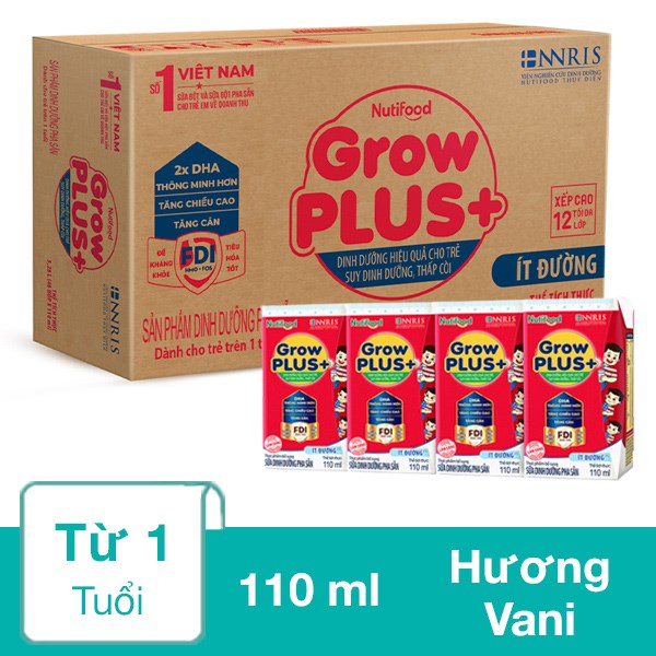 Thùng 48 hộp sữa pha sẵn Nutifood GrowPLUS+ đỏ ít đường hương vani 110 ml cho trẻ suy dinh dưỡng, thấp còi (từ 1 tuổi)