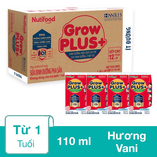 Thùng 48 Hộp Sữa Pha Sẵn Nutifood Growplus+ Đỏ Ít Đường Hương Vani 110 Ml Cho Trẻ Suy Dinh Dưỡng, Thấp Còi (Từ 1 Tuổi)