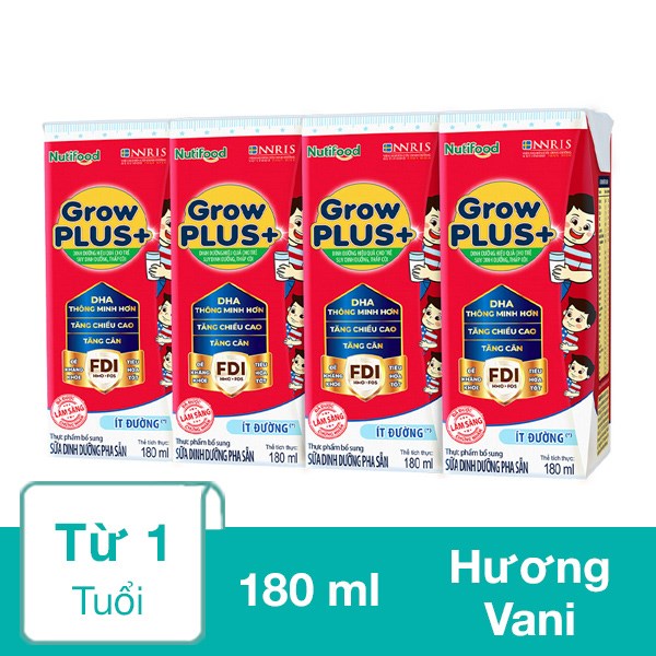 Lốc 4 hộp sữa pha sẵn Nutifood GrowPLUS+ đỏ ít đường hương vani 180 ml cho trẻ suy dinh dưỡng, thấp còi (từ 1 tuổi)