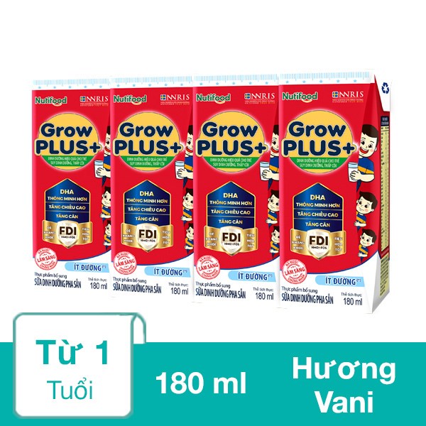 Lốc 4 Hộp Sữa Pha Sẵn Nutifood Growplus+ Đỏ Ít Đường Hương Vani 180 Ml Cho Trẻ Suy Dinh Dưỡng, Thấp Còi (Từ 1 Tuổi)