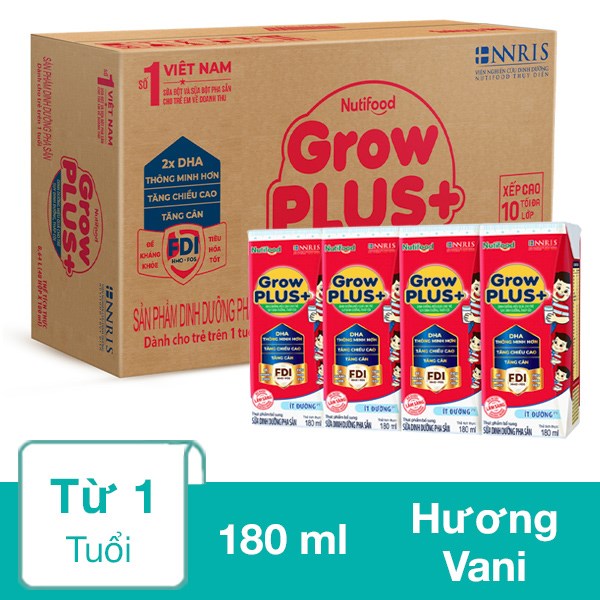 Thùng 48 hộp sữa pha sẵn Nutifood GrowPLUS+ đỏ ít đường hương vani 180 ml cho trẻ suy dinh dưỡng, thấp còi (từ 1 tuổi)