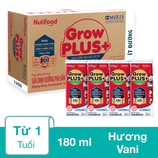 Thùng 48 Hộp Sữa Pha Sẵn Nutifood Growplus+ Đỏ Ít Đường Hương Vani 180 Ml Cho Trẻ Suy Dinh Dưỡng, Thấp Còi (Từ 1 Tuổi)