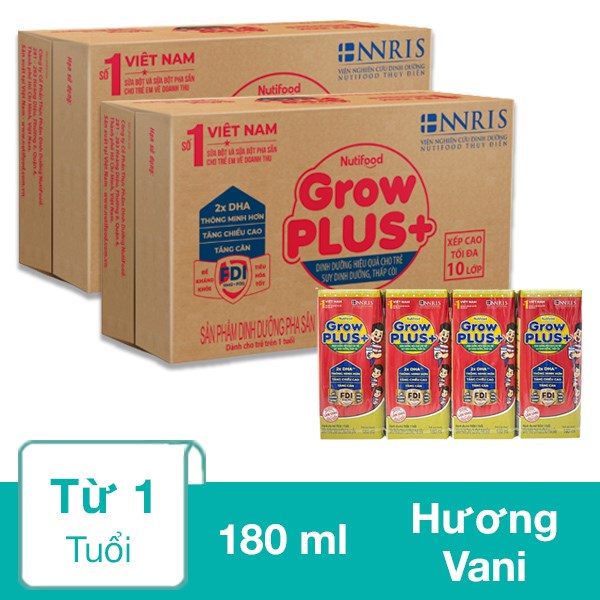 Combo 2 thùng 48 hộp sữa pha sẵn Nutifood GrowPLUS+ đỏ hương vani 180 ml cho trẻ suy dinh dưỡng, thấp còi (từ 1 tuổi)