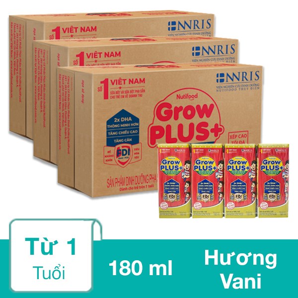 Combo 3 thùng 48 hộp sữa pha sẵn Nutifood GrowPLUS+ đỏ hương vani 180 ml cho trẻ suy dinh dưỡng, thấp còi (từ 1 tuổi)