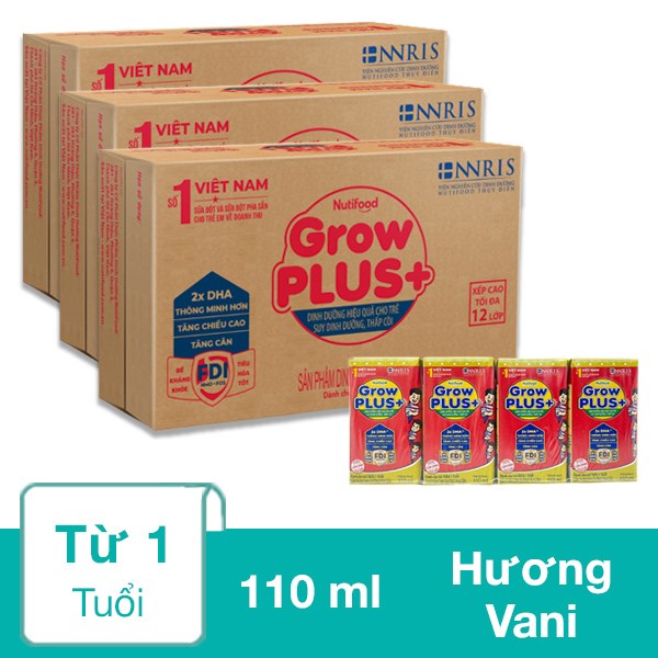 Combo 3 thùng 48 hộp sữa pha sẵn Nutifood GrowPLUS+ đỏ hương vani 110 ml cho trẻ suy dinh dưỡng, thấp còi (từ 1 tuổi)