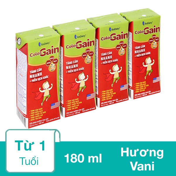 Lốc 4 hộp sữa pha sẵn Colos Gain hương vani 180 ml (từ 1 tuổi)