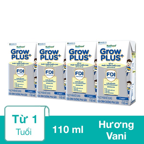 Lốc 4 Hộp Sữa Pha Sẵn Nutifood Growplus+ Bạc Hương Vani 110 Ml (Từ 1 Tuổi)