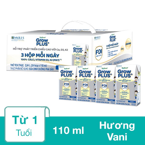 Thùng 24 Hộp Sữa Pha Sẵn Nutifood Growplus+ Bạc Hương Vani 110 Ml (Từ 1 Tuổi)