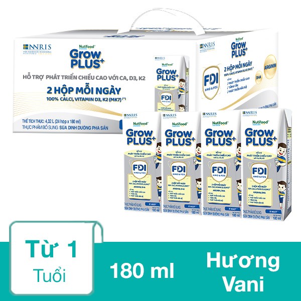 Thùng 24 Hộp Sữa Pha Sẵn Nutifood Growplus+ Bạc Hương Vani 180 Ml (Từ 1 Tuổi)