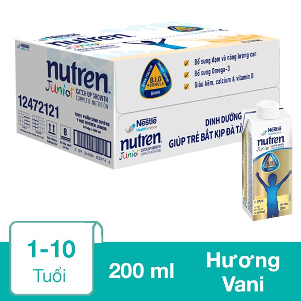 Thùng 24 Hộp Sữa Pha Sẵn Nutren Junior Hương Vani 200 Ml (1 - 10 Tuổi)