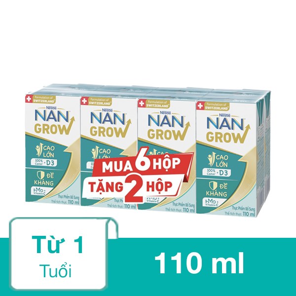 Lốc 6 + 2 Hộp Sữa Pha Sẵn Nestlé Nan Grow 110 Ml (Từ 1 Tuổi)