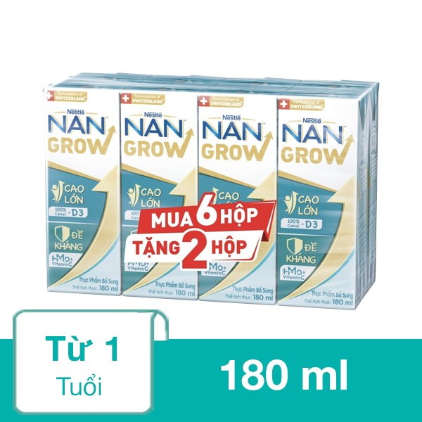 Lốc 6 + 2 Hộp Sữa Pha Sẵn Nestlé Nan Grow 180 Ml (Từ 1 Tuổi)