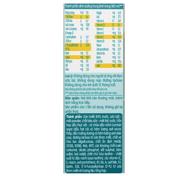 Lốc 6 + 2 hộp sữa pha sẵn Nestlé NAN Grow 180 ml (từ 1 tuổi) - Thành phần