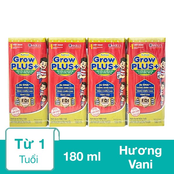 Lốc 4 hộp sữa pha sẵn Nutifood GrowPLUS+ đỏ hương vani 180 ml cho trẻ suy dinh dưỡng, thấp còi (từ 1 tuổi)