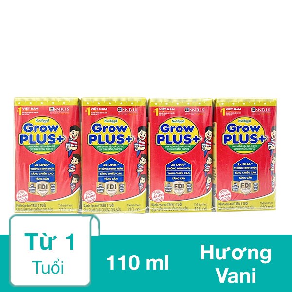 Lốc 4 hộp sữa pha sẵn Nutifood GrowPLUS+ đỏ hương vani 110 ml cho trẻ suy dinh dưỡng, thấp còi (từ 1 tuổi)