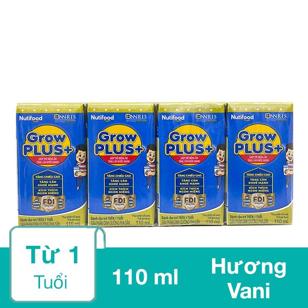 Lốc 4 hộp sữa pha sẵn Nutifood GrowPLUS+ xanh hương vani 110 ml cho trẻ biếng ăn (từ 1 tuổi)