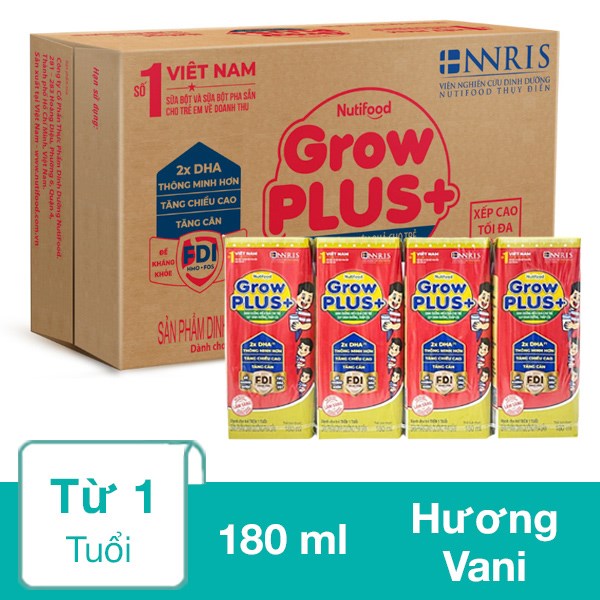 Thùng 48 hộp sữa pha sẵn Nutifood GrowPLUS+ đỏ hương vani 180 ml cho trẻ suy dinh dưỡng, thấp còi (từ 1 tuổi)