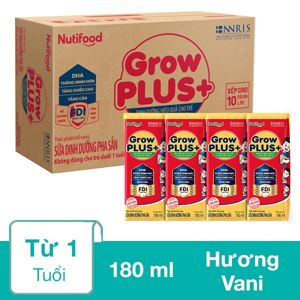 Thùng 48 Hộp Sữa Pha Sẵn Nutifood Growplus+ Đỏ Hương Vani 180 Ml Cho Trẻ Suy Dinh Dưỡng, Thấp Còi (Từ 1 Tuổi)