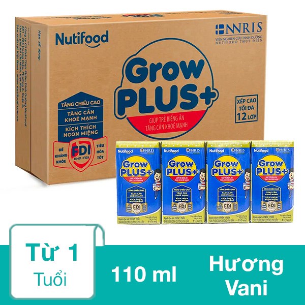 Thùng 48 hộp sữa pha sẵn Nutifood GrowPLUS+ xanh hương vani 110 ml cho trẻ biếng ăn (từ 1 tuổi)