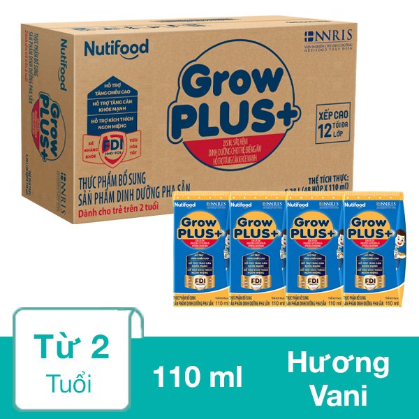 Thùng 48 Hộp Sữa Pha Sẵn Nutifood Growplus+ Xanh Hương Vani 110 Ml Cho Trẻ Biếng Ăn (Từ 2 Tuổi)