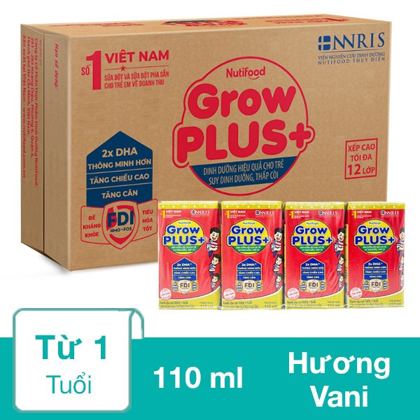 Thùng 48 hộp sữa pha sẵn Nutifood GrowPLUS+ đỏ hương vani 110 ml cho trẻ suy dinh dưỡng, thấp còi (từ 1 tuổi)