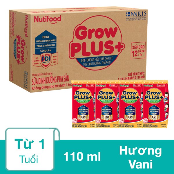 Thùng 48 Hộp Sữa Pha Sẵn Nutifood Growplus+ Đỏ Hương Vani 110 Ml Cho Trẻ Suy Dinh Dưỡng, Thấp Còi (Từ 1 Tuổi)