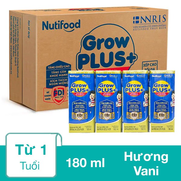 Thùng 48 hộp sữa pha sẵn Nutifood GrowPLUS+ xanh hương vani 180 ml cho trẻ biếng ăn (từ 1 tuổi)