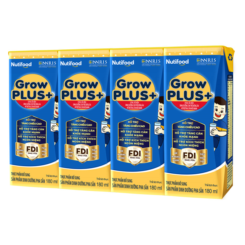 Lốc 4 hộp sữa pha sẵn Nutifood GrowPLUS+ xanh hương vani 180 ml cho trẻ biếng ăn (từ 2 tuổi) 12