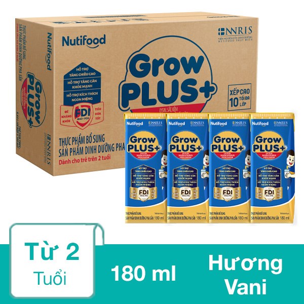 Thùng 48 Hộp Sữa Pha Sẵn Nutifood Growplus+ Xanh Hương Vani 180 Ml Cho Trẻ Biếng Ăn (Từ 2 Tuổi)