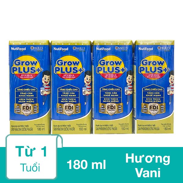 Lốc 4 hộp sữa pha sẵn Nutifood GrowPLUS+ xanh hương vani 180 ml cho trẻ biếng ăn (từ 1 tuổi)