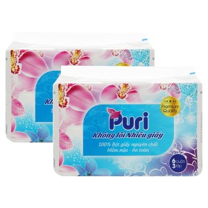 2 lốc giấy vệ sinh không lõi Puri 6 cuộn 3 lớp