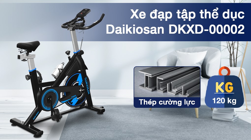 Xe đạp tập thể dục Daikiosan DKXD-00002 sở hữu khung xe bằng thép cường lực chắc chắn, chịu được tải trọng tối đa 120kg