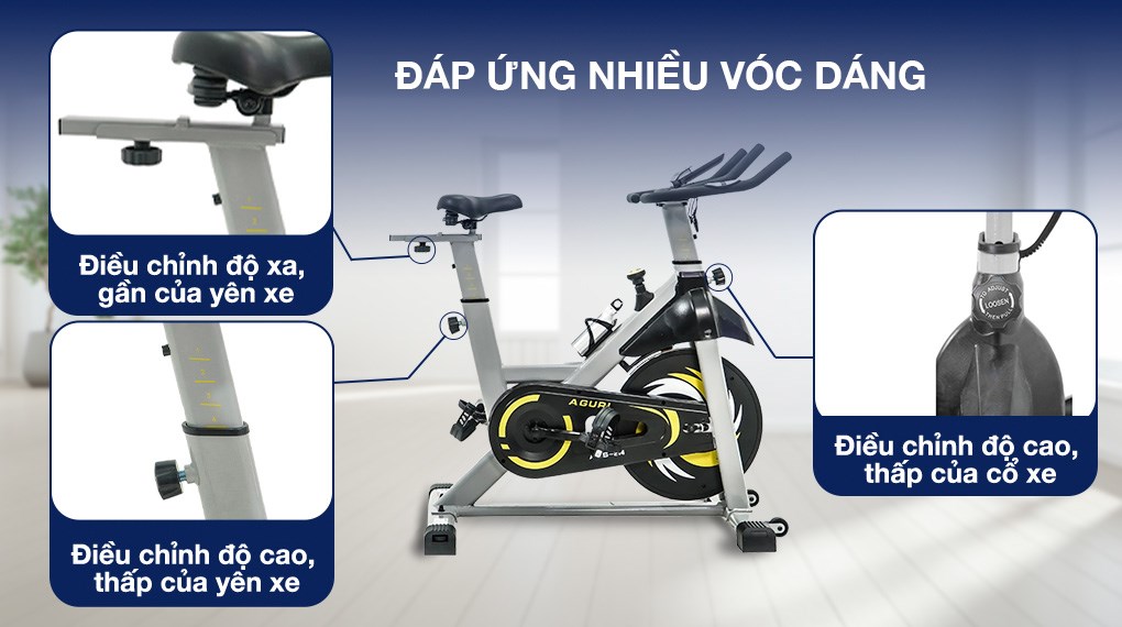 Yên xe đạp tập thể dục Aguri AGS-214 có thể điều chỉnh để phù hợp với vóc dáng của người dùng, tạo tư thế đúng khi tập