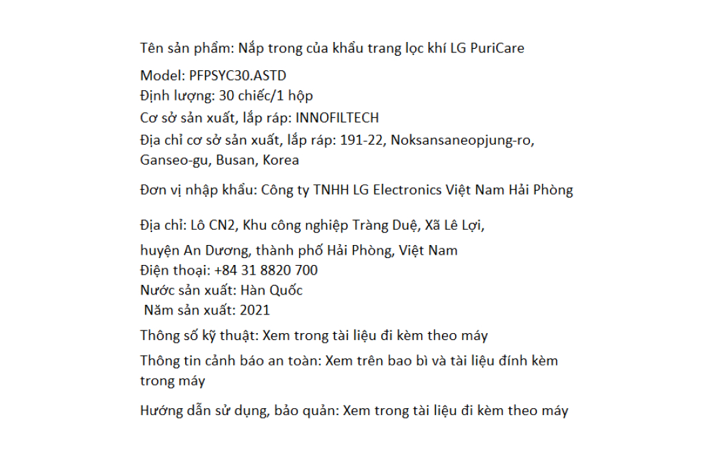 Nắp trong của khẩu trang lọc khí LG PuriCare Màu Trắng