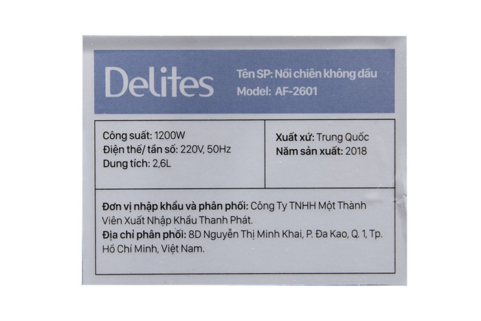 Nồi chiên không dầu Delites AF-2601 2.6 lít Màu Trắng